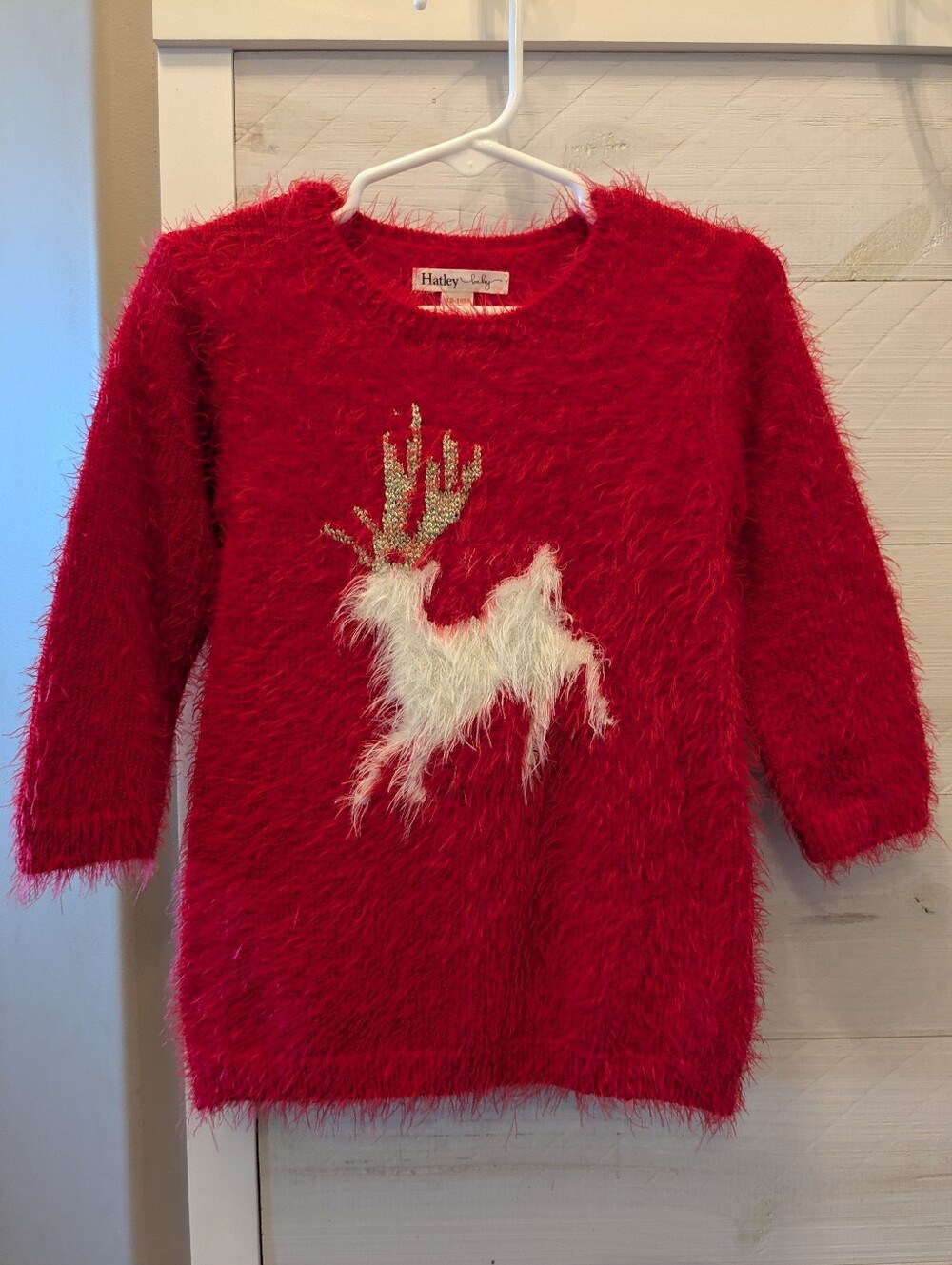 🦌 Hatley Girls Red Fuzzy Reindeer Crewneck Sweater Dress; Size: 12 - 18 Months
